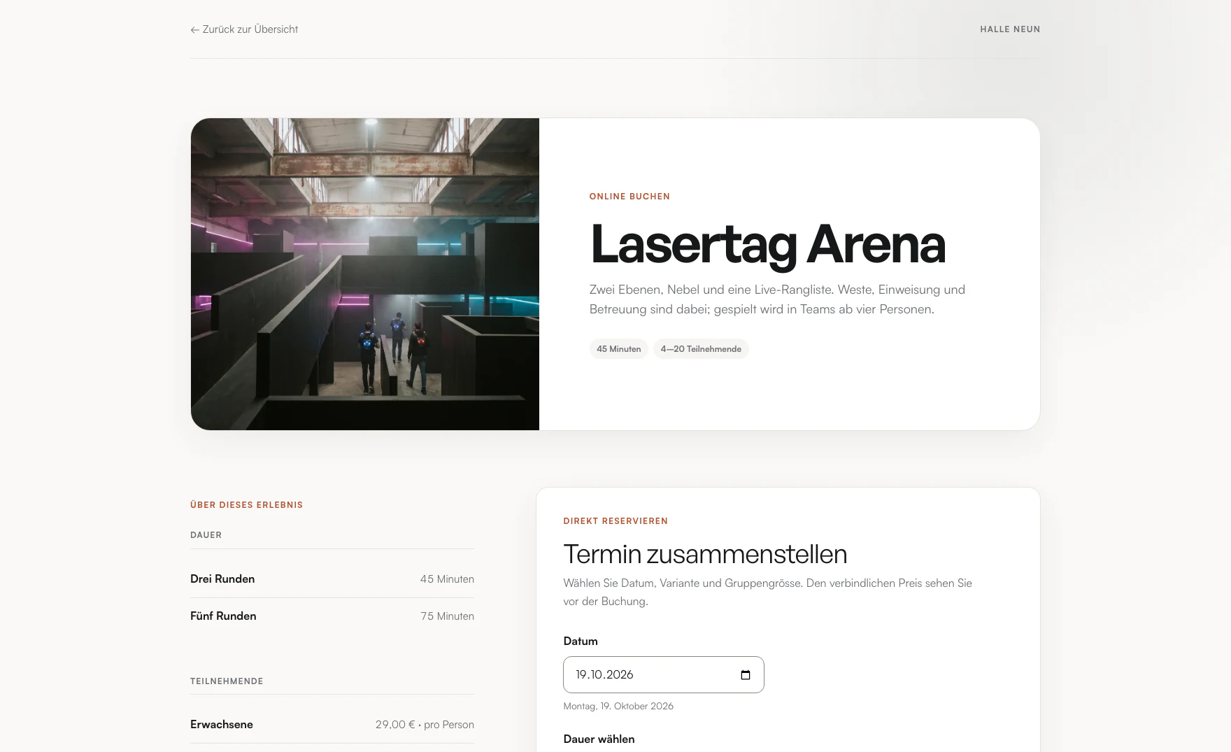 Öffentliche Lasertag-Buchungsseite mit Angebot und Terminwahl.